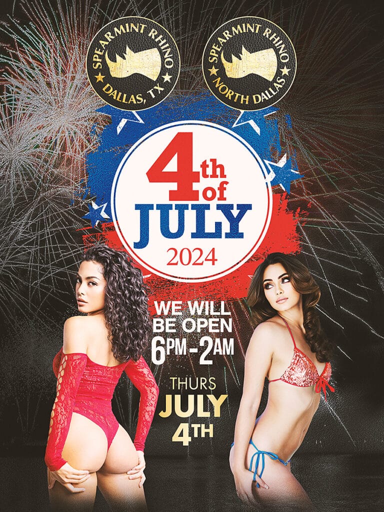 Promotional poster for Spearmint Rhino in Dallas for their July 4th, 2024 event, featuring a dazzling fireworks background, two women in lingerie, and event details: open from 6 PM to 2 AM on Thursday, July 4th. Don't miss out on the exclusive specials!